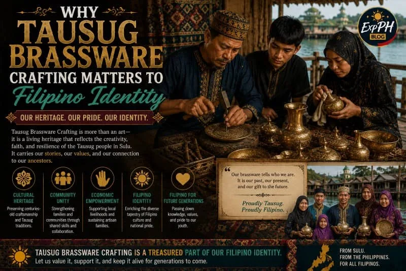 A realistic image of Tausug artisans and younger community members creating traditional brassware in Sulu, Philippines, featuring handcrafted brass items, Filipino cultural elements, and the ExpPH Blog logo with mixed-font typography about Filipino identity.