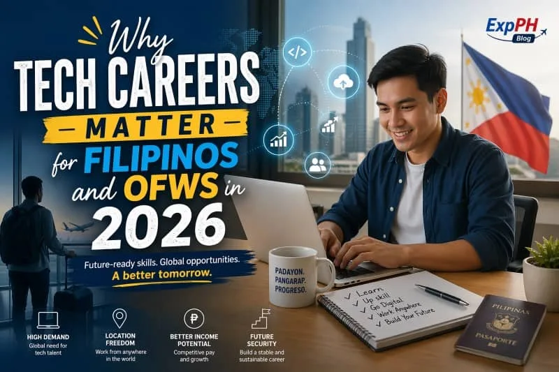 Filipino OFW working on a laptop with digital tech icons, Philippine flag, and city skyline, representing remote tech careers and global opportunities in 2026