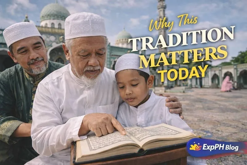 Three generations of Filipino Muslims reading the Quran together outside a mosque, showing the importance of preserving Islamic learning traditions today