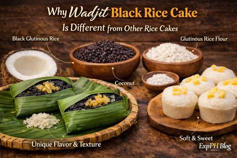 Wadjit black rice cake wrapped in banana leaves beside white rice cakes, showing differences in ingredients, texture, and preparation