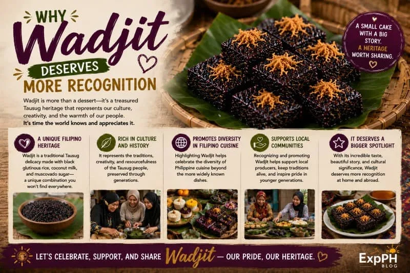 A beautiful display of traditional Wadjit black rice cake served on fresh banana leaves, showcasing its unique dark color and rich cultural heritage.