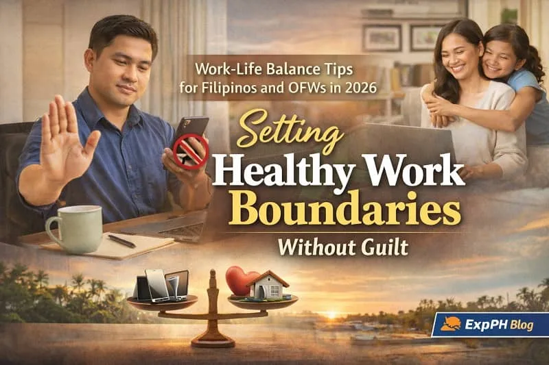 Filipino professional setting healthy work boundaries by limiting work messages while spending quality time with family in a calm home environment.