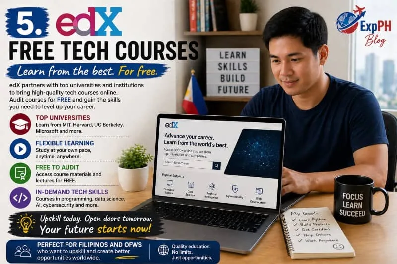 Filipino learner studying online using edX on a laptop with ExpPH Blog logo and free tech courses text