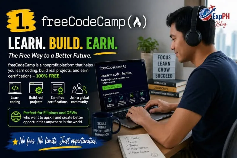 Filipino man learning coding on freeCodeCamp using a laptop at home with ExpPH Blog logo and motivational text