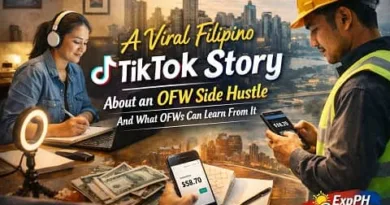Filipino OFW working on a laptop and checking mobile earnings, representing a viral TikTok side hustle story with realistic overseas work and online income.