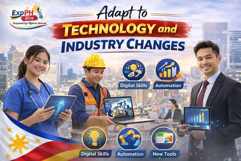 Filipino OFWs including nurse, engineer, and office professional using digital tools and automation technology to stay competitive abroad with ExpPH Blog logo.