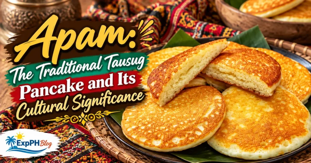 Golden-brown Tausug apam pancakes arranged on a plate with banana leaves and traditional Filipino textiles in the background.