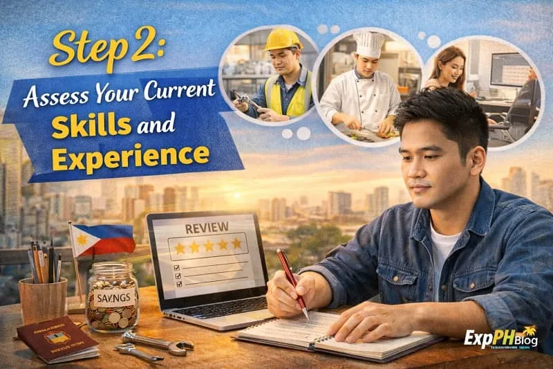 Filipino OFW reviewing skills checklist with laptop, savings jar, passport, and work icons, with ExpPH Blog logo