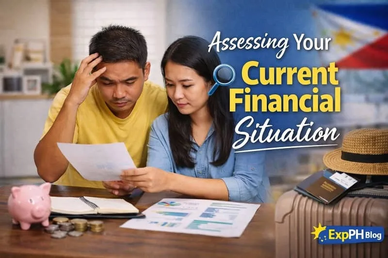 Filipino OFW couple reviewing financial documents and savings at home to assess their current financial situation before returning to the Philippines