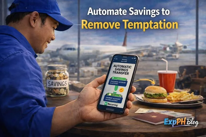 Filipino OFW checking automatic savings transfer on smartphone at airport table with savings jar and ExpPH Blog logo