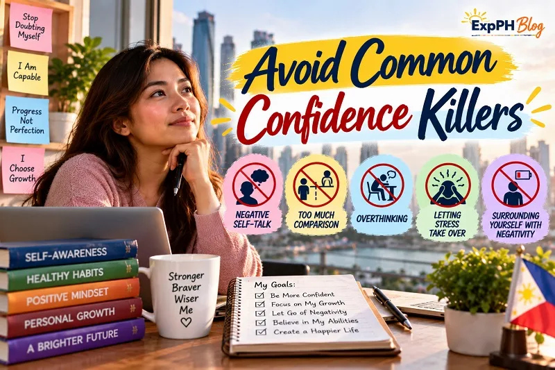 A young Filipina woman reflecting at her desk with a laptop, books, and journal, surrounded by reminders to avoid negative self-talk, excessive comparison, overthinking, stress, and negative influences.