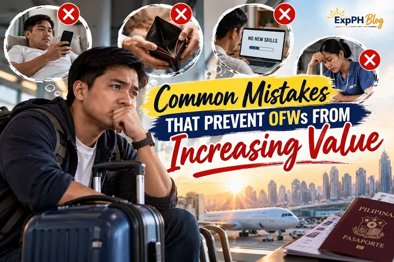 Filipino OFW looking concerned at an airport, illustrating common career and financial mistakes that can prevent overseas Filipino workers from increasing their professional value.