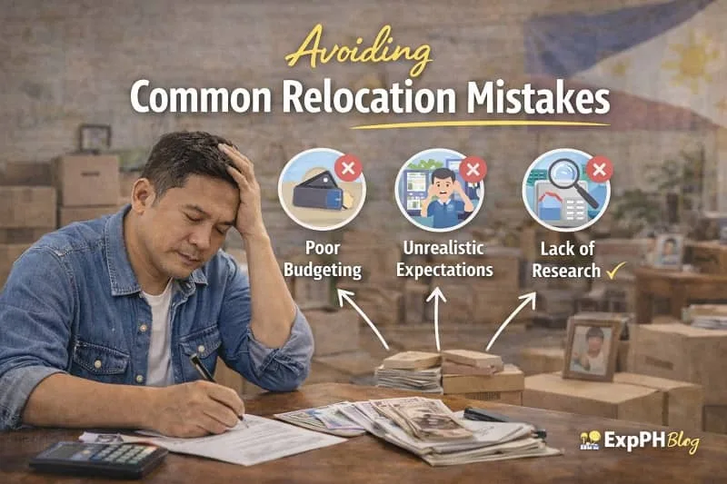 Filipino returning OFW reviewing financial documents and bills at home with relocation mistakes text overlay and ExpPH Blog logo