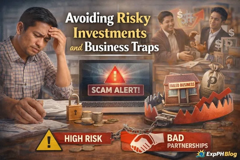 Filipino OFW reviewing financial documents while avoiding risky investments, scam alerts, and failed business partnerships abroad