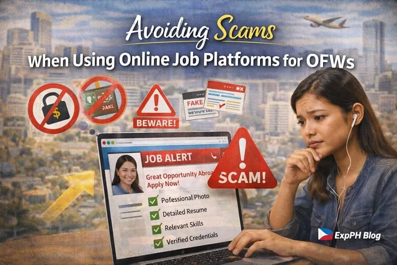 Filipino OFW reviewing suspicious online job offer on laptop with scam warning signs and ExpPH Blog logo visible