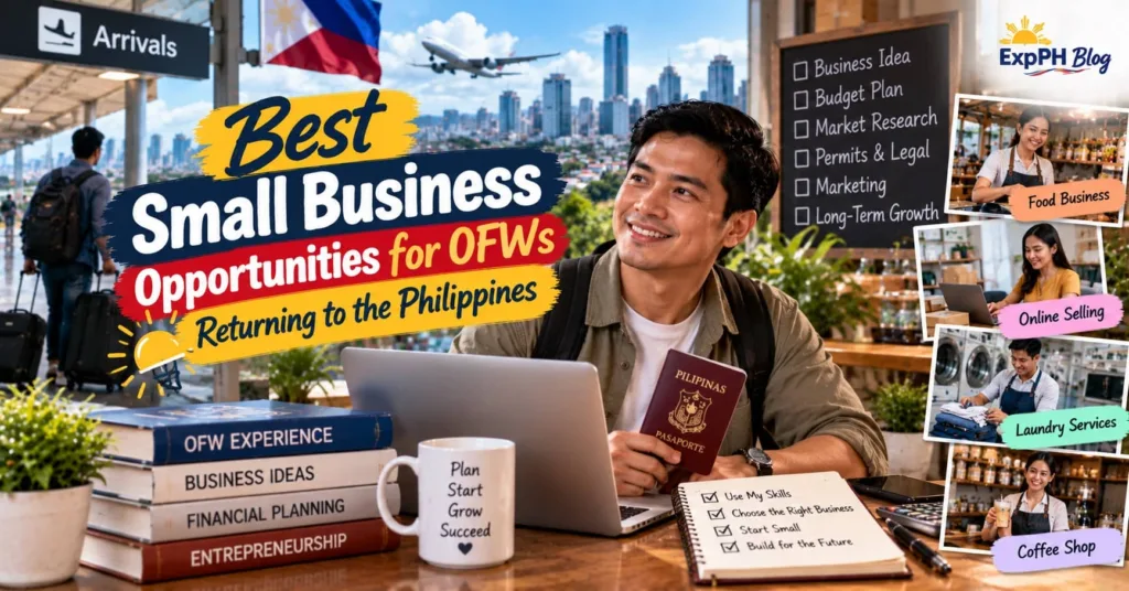Small Business Ideas for OFWs in the Philippines, featuring a Filipino returning worker with a laptop and passport, exploring food businesses, online selling, laundry services, and coffee shops.