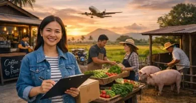 Filipino returning OFW exploring Small Business Ideas for OFWs in the Philippines, with café, farming, and local entrepreneurship in the background.