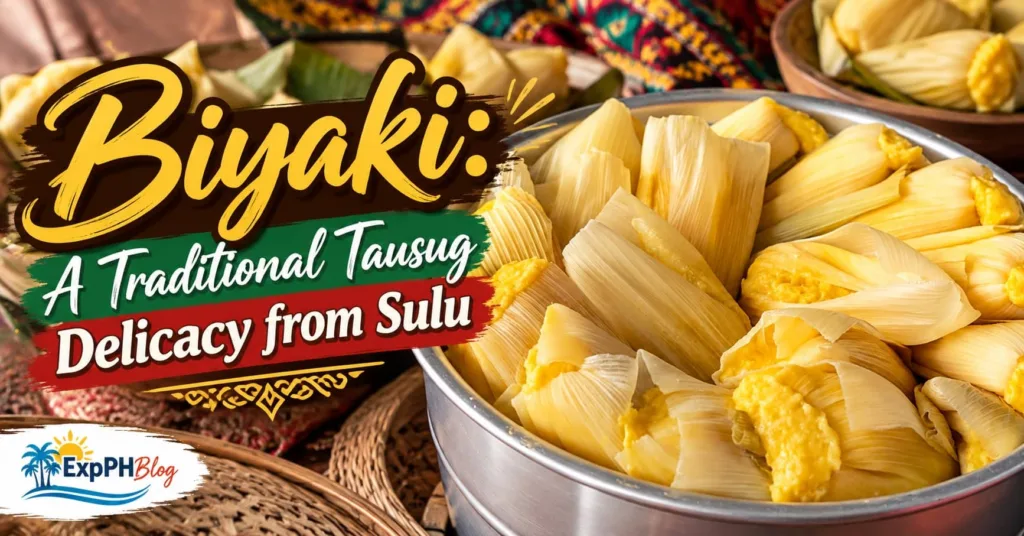 Traditional Tausug biyaki, a golden corn-based delicacy wrapped in corn husks and served in a metal tray, highlighting the food heritage of Sulu.