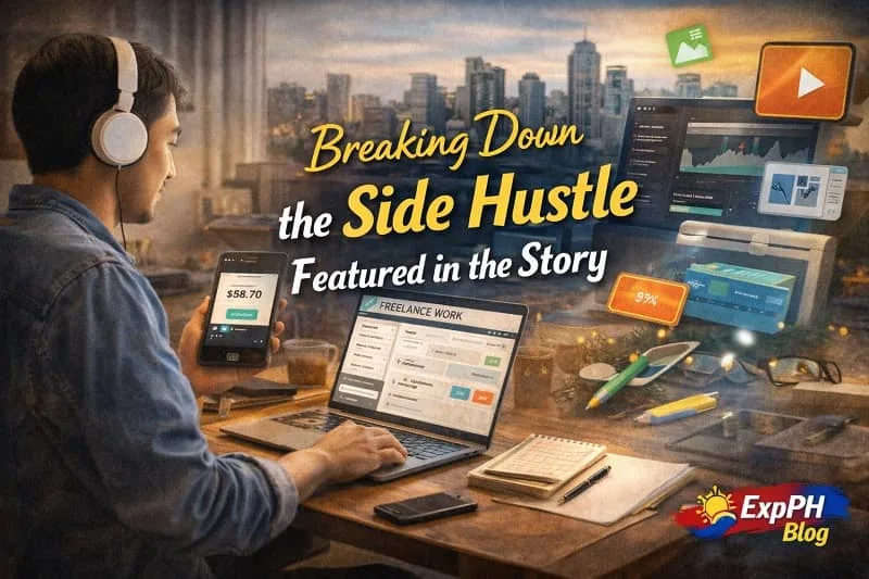 Filipino OFW working on a laptop and checking side hustle earnings on a smartphone, showing a realistic online side hustle setup inspired by a viral OFW story.