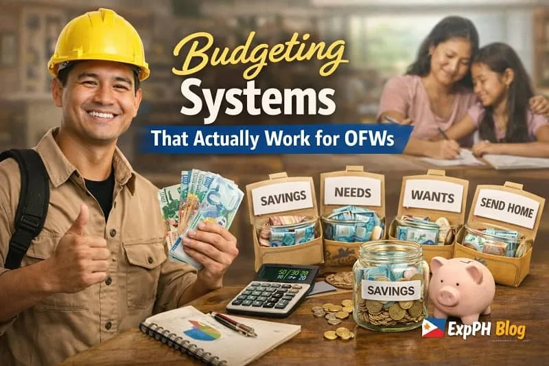 Filipino overseas worker reviewing a budget plan with savings jar, notebook, and family photo on table, showing practical budgeting systems that work for OFWs