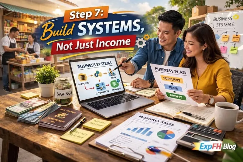 Filipino couple reviewing business systems flowchart on laptop with savings, reports, and ExpPH Blog logo while strengthening their OFW Business Roadmap