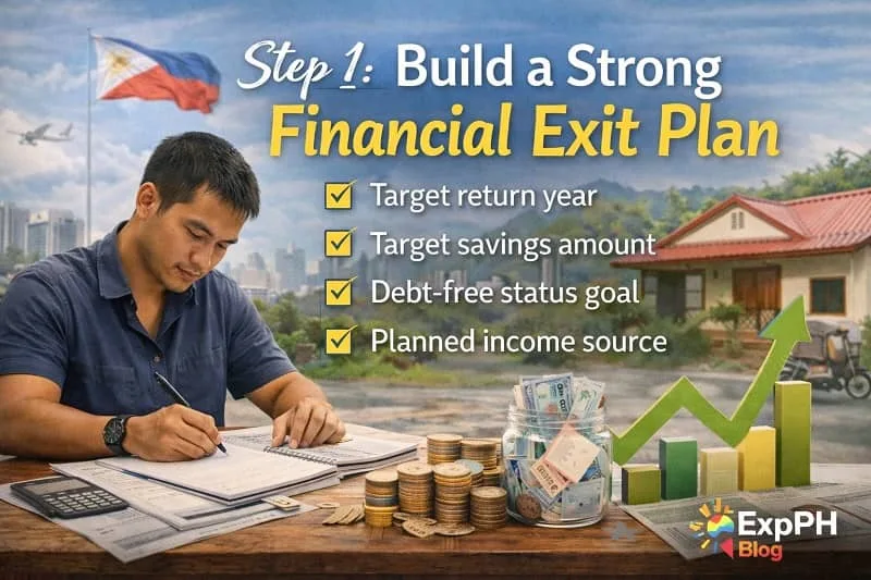 Filipino OFW writing financial plan with savings jar, coins, calculator, house background and ExpPH Blog logo