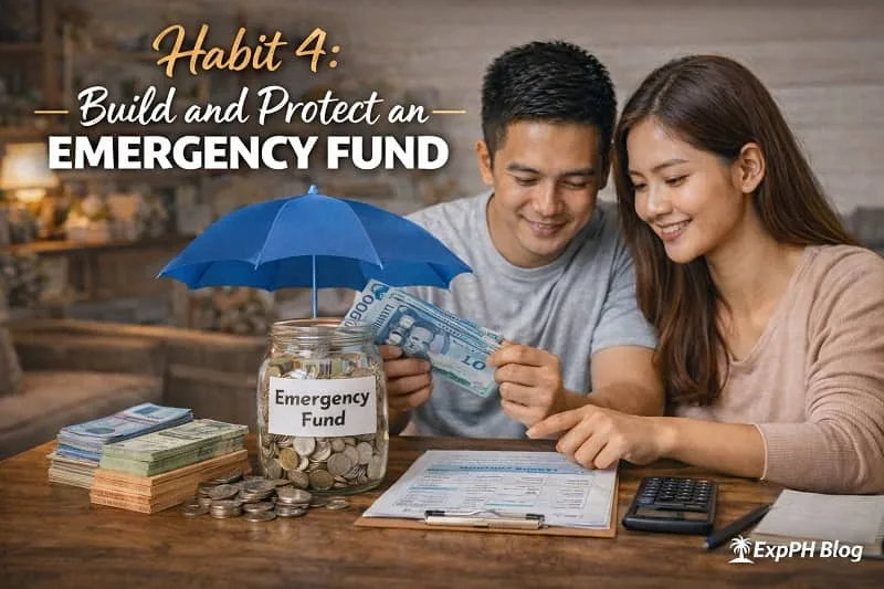 Filipino couple saving money in emergency fund jar with umbrella protection, calculator, and cash on table