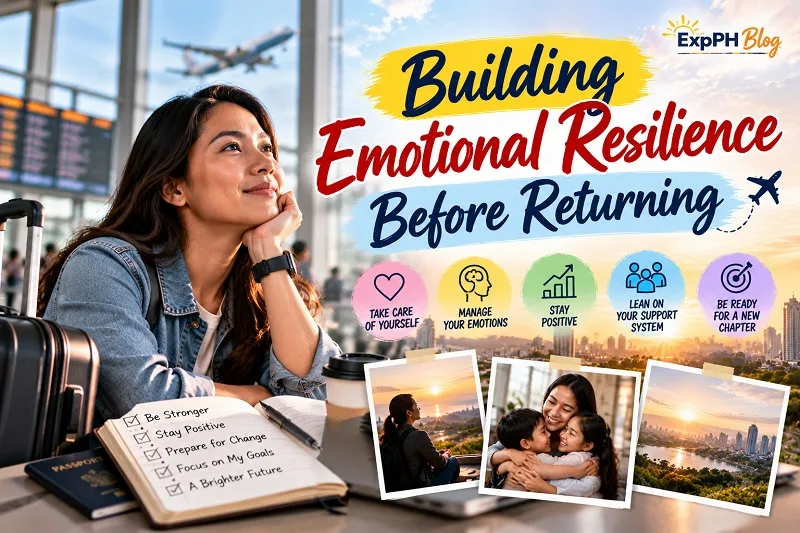 Filipina traveler sitting beside her luggage at an airport, reflecting on her return home and preparing emotionally for life after working overseas.