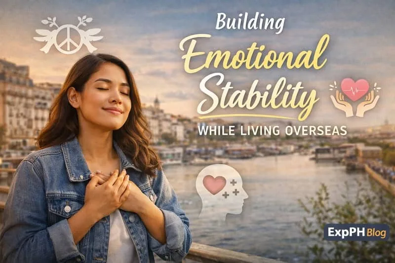 Filipina OFW practicing calm reflection abroad, representing emotional stability and peace of mind while living overseas