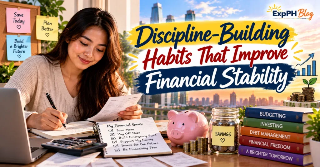A young Filipina woman planning her finances at a desk with a calculator, budget notebook, piggy bank, savings jar, and financial books, illustrating budgeting, saving, debt management, and long-term financial stability.