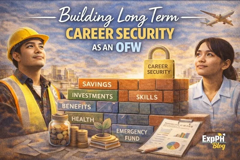 Filipino OFWs building career security with savings, skills, investments, and emergency fund visualized as strong foundation blocks