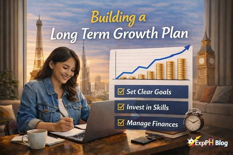 Filipina OFW planning long term career growth on laptop with notebook and timeline chart, ExpPH Blog logo visible