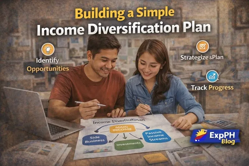 Filipino couple planning income diversification strategy with laptop, calculator, and financial worksheet featuring ExpPH Blog logo