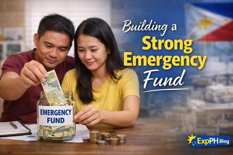 Filipino OFW couple saving money in an emergency fund jar at home as part of financial preparation before returning to the Philippines
