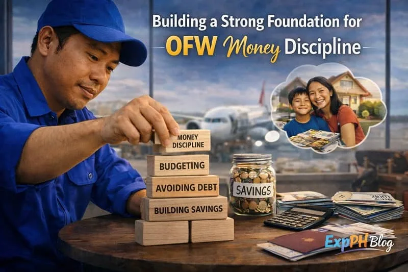 Filipino OFW stacking wooden blocks labeled money discipline, budgeting, avoiding debt, and building savings at airport table with ExpPH Blog logo