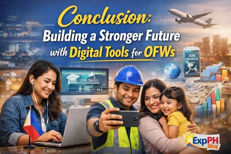 Filipino OFWs using digital tools like laptops and smartphones, with family, job search icons, and city background, showing a brighter future with ExpPH Blog logo