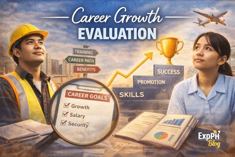 Filipino OFWs evaluating career growth with promotion chart, checklist, trophy, and airport background