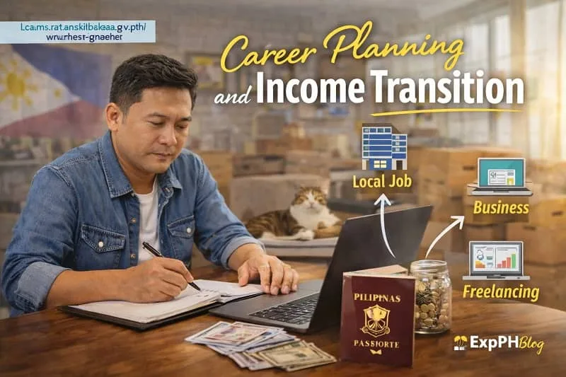 Filipino returning OFW planning career and income transition at home with laptop, savings, passport, and options for local job, business, and freelancing, ExpPH Blog logo