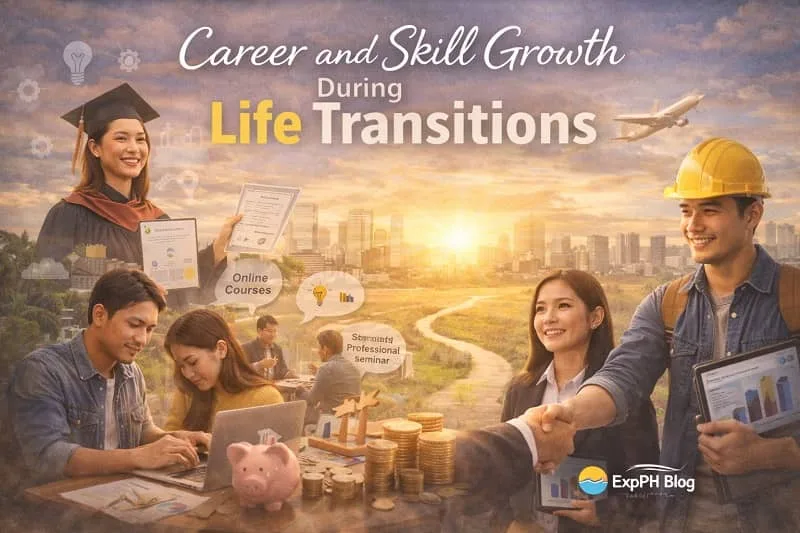 Filipino professionals developing skills and advancing careers during life transitions with graduation and OFW scenes and ExpPH Blog logo