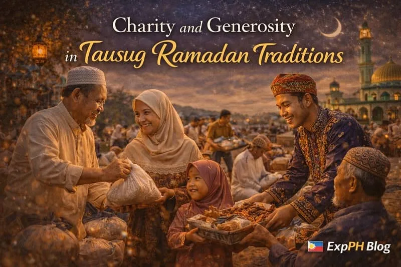 Tausug family distributing food and rice to community members during Ramadan in Sulu, showing charity and generosity