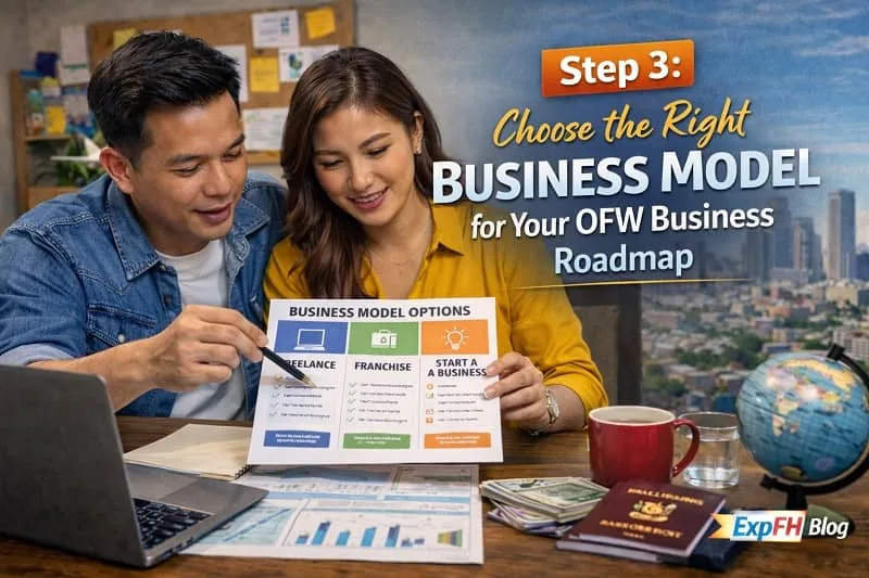 Filipino couple reviewing business model options on a printed chart while planning their OFW Business Roadmap with laptop, passport, and ExpPH Blog logo visible