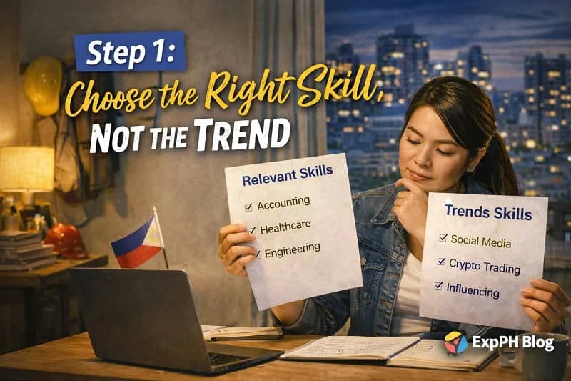 Filipina OFW comparing relevant skills and trending skills while studying at night, representing choosing the right skill for career growth with ExpPH Blog logo visible.