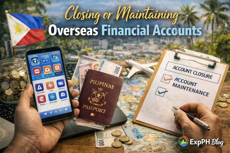 Filipino financial planning image showing overseas bank accounts, smartphone banking apps, passport, foreign currency, and checklist for closing or maintaining accounts