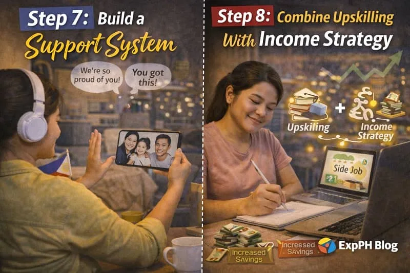 Filipina OFW video calling family for support and planning income strategy while studying, with ExpPH Blog logo visible.