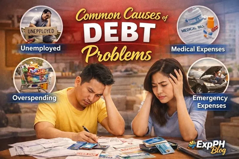 Filipino couple stressed over bills and credit cards showing common causes of debt problems with ExpPH Blog logo