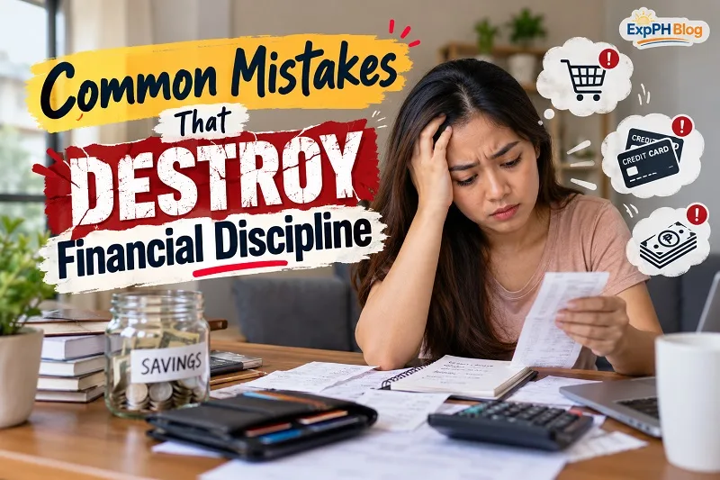 A worried young Filipina reviewing bills and financial records at a desk with a calculator, savings jar, and credit cards, illustrating common money mistakes such as overspending, credit card debt, and poor financial planning.