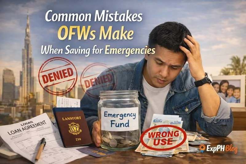 Overseas Filipino Worker looking stressed while reviewing finances abroad, showing common mistakes OFWs make when saving for emergencies, with emergency fund jar and ExpPH Blog logo
