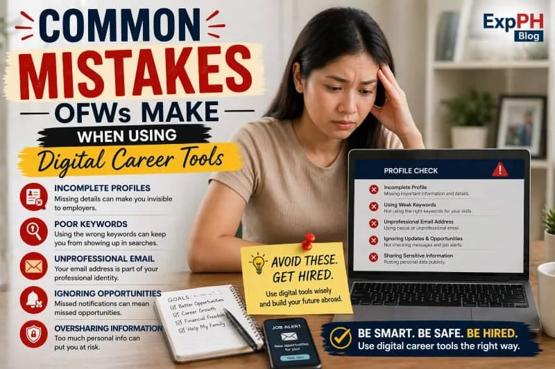 Filipino woman looking stressed while using a laptop showing profile errors, highlighting common mistakes OFWs make when using digital career tools