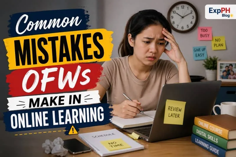 Filipina OFW studying online at a desk looking stressed while using a laptop, with notes and reminders around her showing common learning mistakes, and an ExpPH Blog logo in the corner.