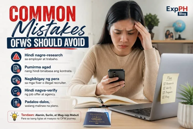 Filipino woman looking stressed while checking her phone beside a laptop and passport, highlighting common mistakes OFWs should avoid such as not verifying jobs and rushing decisions